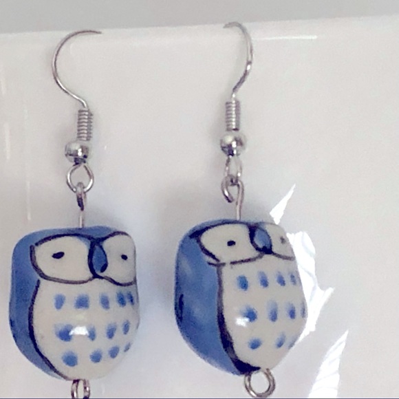 Hand Crafted Jewelry - New Light Blue Owl New Hand Crafted Earrings Ceramic Beaded Nature Wise Fun Gift